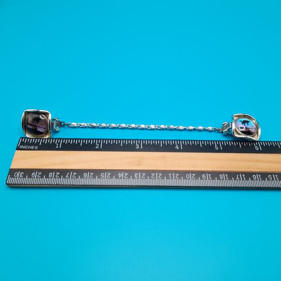 Vintage Iridescent Palm Scene Sweater Clips, 1950s Butterfly Wing Jewelry - Picture 8 of 10